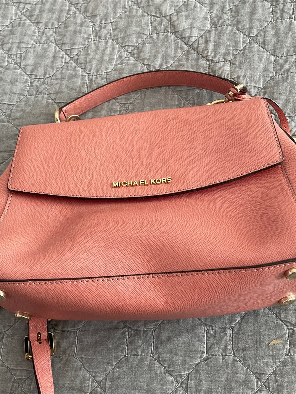 MICHAEL KORS Coral-Pink Saffiano Leather Satchel with Gold Hardware